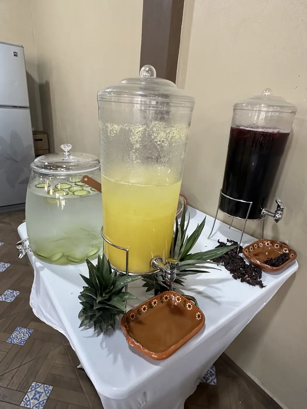 Vitroleros de agua de limón, jamaica y pepino
